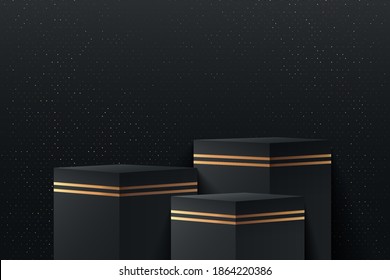 Realistic black steps 3D cube stand podium set with gold glitter on dark blue background. Vector abstract with geometric form. Luxury minimal scene for mockup products showcase, Promotion display.