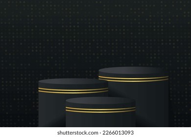Realistic black steps 3D round stand podium set with gold glitter on dark blue background. Vector abstract with geometric form. Luxury minimal scene for mockup products showcase, Promotion display.