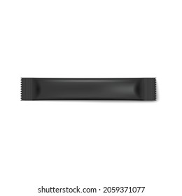 Realistic black stick pack. Blank template of package for advertisement or packaging granulated and powder products. Vector 3d illustration isolated on a white background