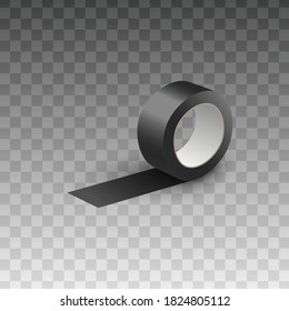 Realistic black sticky tape roll isolated on transparent background - adhesive repair and office supplies element with shiny plastic texture. Vector illustration.