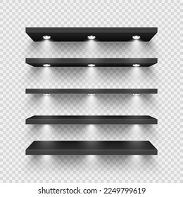 Realistic black store shelves with lighting, spotlights. Empty product shelf, grocery wall rack. Mall and supermarket furniture, bookshelf. Modern interior design element. Vector illustration