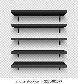 Realistic black store shelves with wall mount. Empty product shelf, grocery wall rack. Mall and supermarket furniture, bookshelf. Modern interior design element, room decoration. Vector illustration