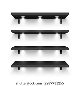 Realistic black store shelves with wall mount and lighting, spotlights. Empty product shelf, grocery wall rack. Mall and supermarket furniture, bookshelf. Modern interior design. Vector illustration