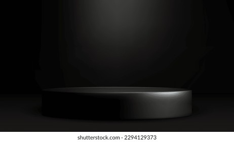 Realistic black studio, dark podium with glow.
