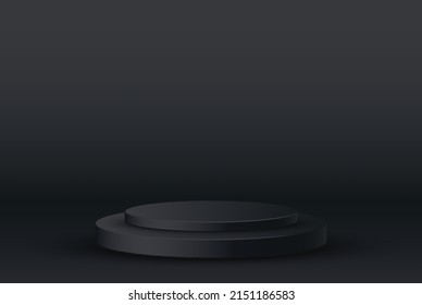 Realistic black studio, dark round podium.