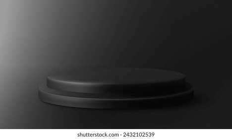 Realistic black studio, dark round podium.