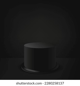 Realistic black studio, black round cylindrical podium on a black round shiny stand. Stage for display or promotion of goods.