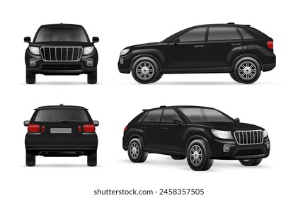 Realistic black suv. 3d rover car, 4x4 automobile mockup side back view new crossover concept, modern luxury auto cars sport drive project template, nowaday vector illustration of automobile car