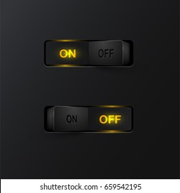Realistic black switches (ON/OFF) on black background, vector illustration