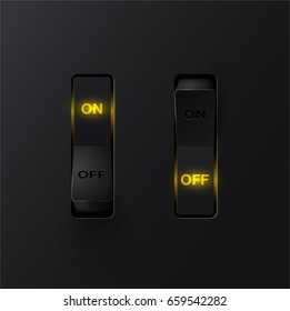 Realistic black switches (ON/OFF) on black background, vector illustration