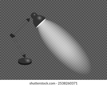 Realistic black table lamp. Lighting equipment. table lamp for interior design. Isolated black lamp on a transparent background. Vector image of lighting on desktop