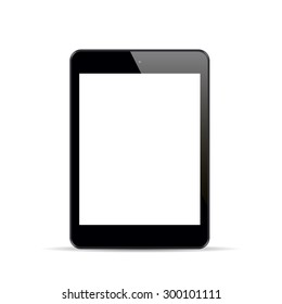 Realistic black tablet with blank screen isolated on white background. Vector illustration.