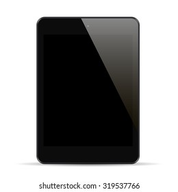 Realistic black tablet with blank screen isolated on white background. Vector illustration.