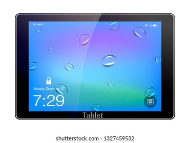 Realistic black tablet with camera and glare, with drops on abstract background, on lock screen
