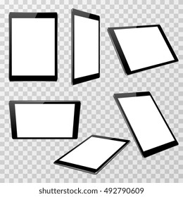 Realistic black tablet vector template isolated on transparent checkered background in different point of view. Device with touchscreen display illustration