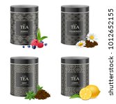 Realistic black tea tin boxes 4 packages collection with chamomile mint lemon raspberry blueberry isolated vector illustration 