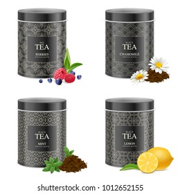 Realistic black tea tin boxes 4 packages collection with chamomile mint lemon raspberry blueberry isolated vector illustration 
