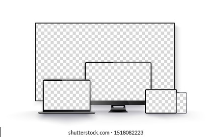 Realistic black television screen on a isolated background. Realistic set of Monitor, laptop, tablet, smartphone dark grey color. Template for infographics or presentation UI design interface. Vector