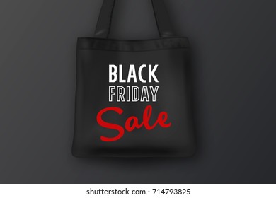 Realistic black textile tote bag with the inscription BLACK FRIDAY SALE. Closeup on black background. Design template for advertising, branding, mockup. Stock vector. EPS10.