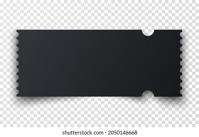 Realistic black ticket with one stub rip line and shadow. Mockup coupon entrance isolated on transparent background. Template design for entertainment show, event, boarding pass. Vector illustration