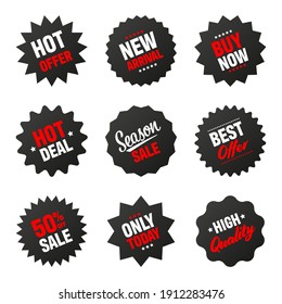 Realistic black tilted price tags collection. Special offer or shopping discount label. Retail paper sticker. Promotional sale badge. Vector illustration.