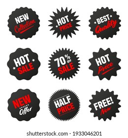 Realistic black tilted price tags collection. Special offer or shopping discount label. Retail paper sticker. Promotional sale badge. Vector illustration.