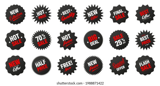 Realistic black tilted price tags collection. Special offer or shopping discount label. Retail paper sticker. Promotional sale badge. Vector illustration.