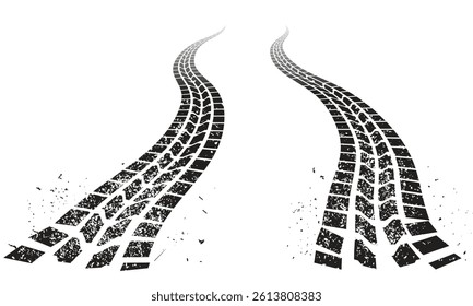 Realistic black tire tread pattern isolated on white background, showcasing detailed symmetrical vehicle track design suitable for automotive, transportation, and road safety visuals