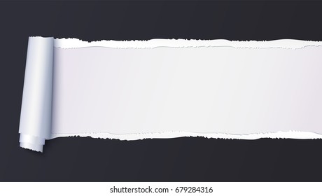 Realistic black torn open paper with space for text on white background, holes in paper. Torn strip of paper with uneven, torn edges. Coiling torn strip of paper