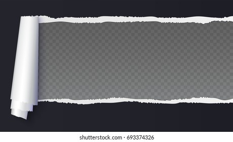 Realistic black torn open paper with space for text on transparent, horizontal background, holes in paper. Torn strip of paper with uneven, torn edges. Coiling torn strip of paper.