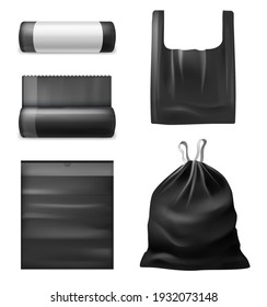 Realistic black trash bags. Kitchen garbage plastic sacks, bag with handles, collapsed and expanded, roll with blank empty label, filled with household waste vector 3d isolated on white background set