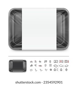 A realistic of a black tray container mockup with icons set. Vector illustration isolated on white background. Template ready to use for your design. EPS10.