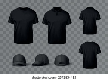 Realistic black t-shirt and black baseball caps mock up. No sleeve shirt template for designs.