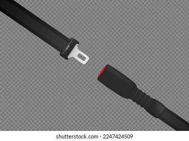 Realistic black unfastened safety seat belt design. Unlocked vehicle, car or airplane passenger seatbelt with buckles. Safety belt and strap for seat protection illustration