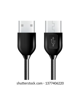 Realistic Black Usb Cable Plug Vector. Universal Headphone Usb Port Type-C Fast Charger And Connection Phone With Laptop Top View Isolated Image On White Background. 3d Illustration
