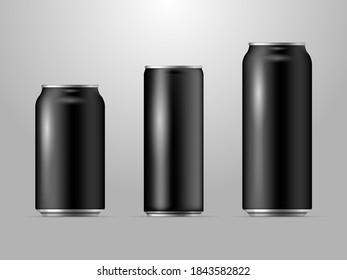 Realistic Black Vector Can Set, 3d Illustration of bottles Collection, Drink bottles, Coffee, Beer, Cola, Soda