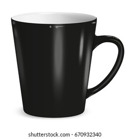 Realistic black vector cup. Latte and coffee, isolated on transparent background. Mock Up, Clip art, Branding.