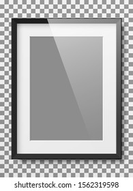 Realistic black vertical picture frame with transparent glass isolated on checkered background vector illustration.