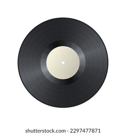 Realistic black vintage vinyl record with white label. Gramophone LP vinyl disc sign. Retro audio disk design. 3d vector illustration