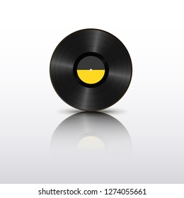 Realistic Black Vinyl Record with mirror reflection. Retro Sound Carrier. Yellow label LP record. Musical long play album disc 78 rpm. old technology isolated on white background