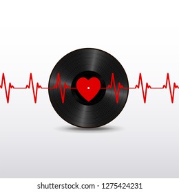Realistic Black Vinyl Record with red heart label, and cardiogram isolated on white background