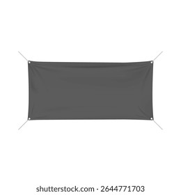 Vinil preto realista ou cartaz de material têxtil na corda, banner de publicidade. Galhardetes pendurados na corda. Tecido vazio dobrado quadrado tela esticada em branco. Montagem 3d vetorial