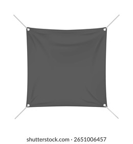 Vinil preto realista ou cartaz de material têxtil na corda, banner de publicidade. Galhardetes pendurados na corda. Tecido vazio dobrado quadrado tela esticada em branco. Montagem 3d vetorial