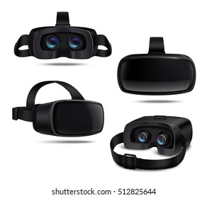 Realistic black vr headsets viewed from different sides isolated on white background vector illustration