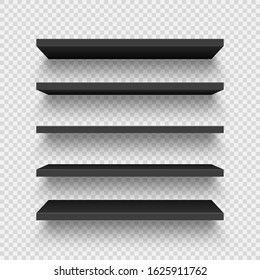 Realistic black wall shelf collection on checkered background. Empty store rack. Vector illustration.