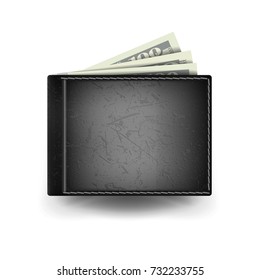Realistic Black Wallet Vector. Money. Top View. Financial Concept. Isolated On White Background Illustration
