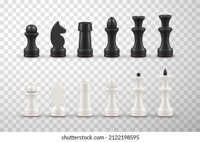 Realistic black and white all chess pieces set in row 3d template vector illustration. King, queen bishop and pawn horse rook figure isolated on transparent. Competition intelligence game play svg