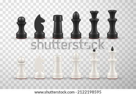 Realistic black and white all chess pieces set in row 3d template vector illustration. King, queen bishop and pawn horse rook figure isolated on transparent. Competition intelligence game play