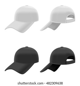 Realistic Black and White Baseball Cap Template Set on Light Background. Back front and side view templates caps for uniform fashion design, sport cap. Vector illustration of hat
