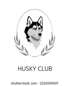 Realistic black and white blue-eyed fluffy Siberian husky dog, portrait in silver wreath and oval shape, symbol for dog breeders. Hand-drawn hound illustration on white background for various prints